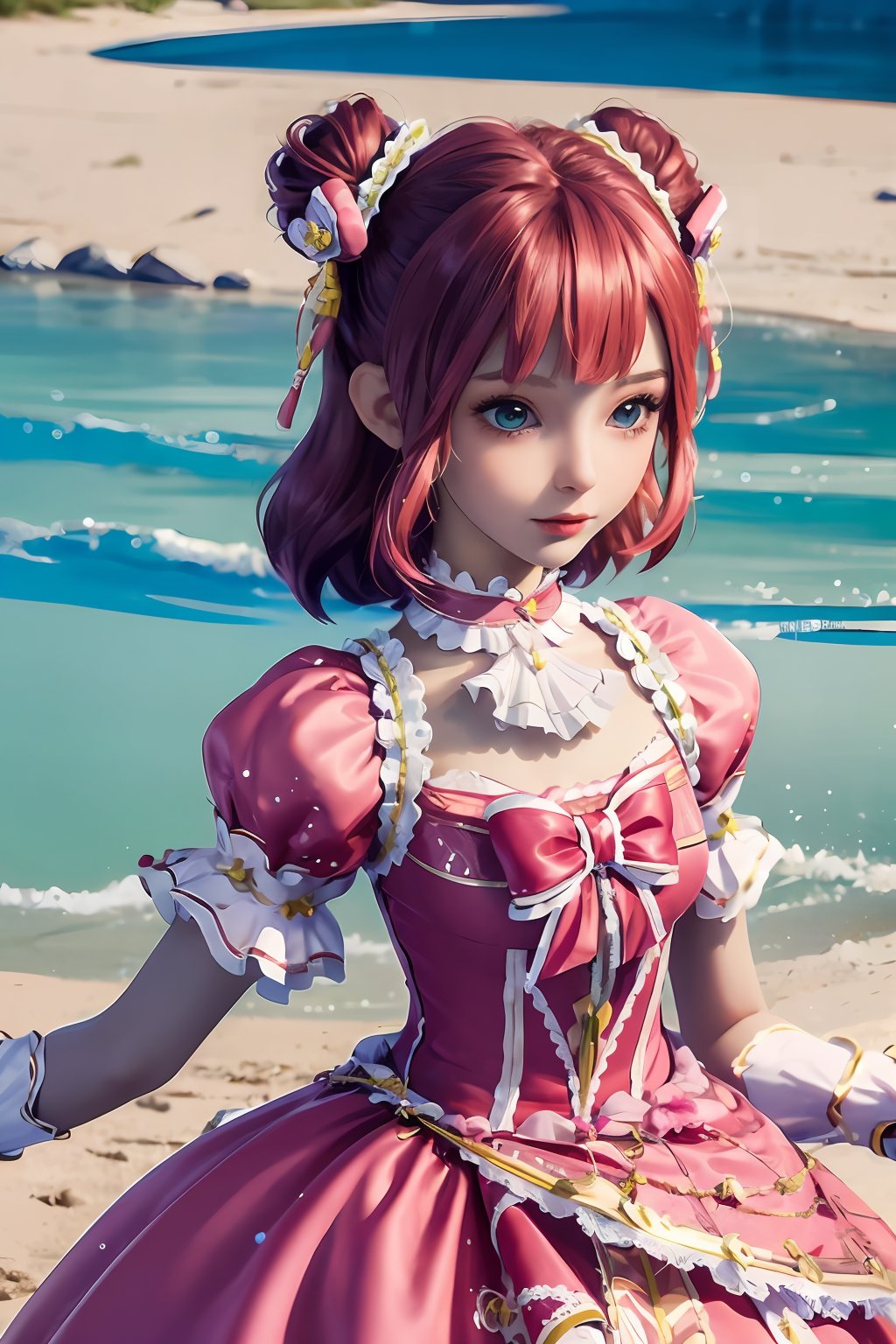 a close up of a person in a dress on a beach, cute anime waifu in a nice dress, anime girl cosplay, loli in dress, anime cosplay, style of magical girl, high quality costume, sakura from cardcaptor sakura, ornate cosplay, belle delphine, cosplay of a catboy! maid! dress, fantasy outfit