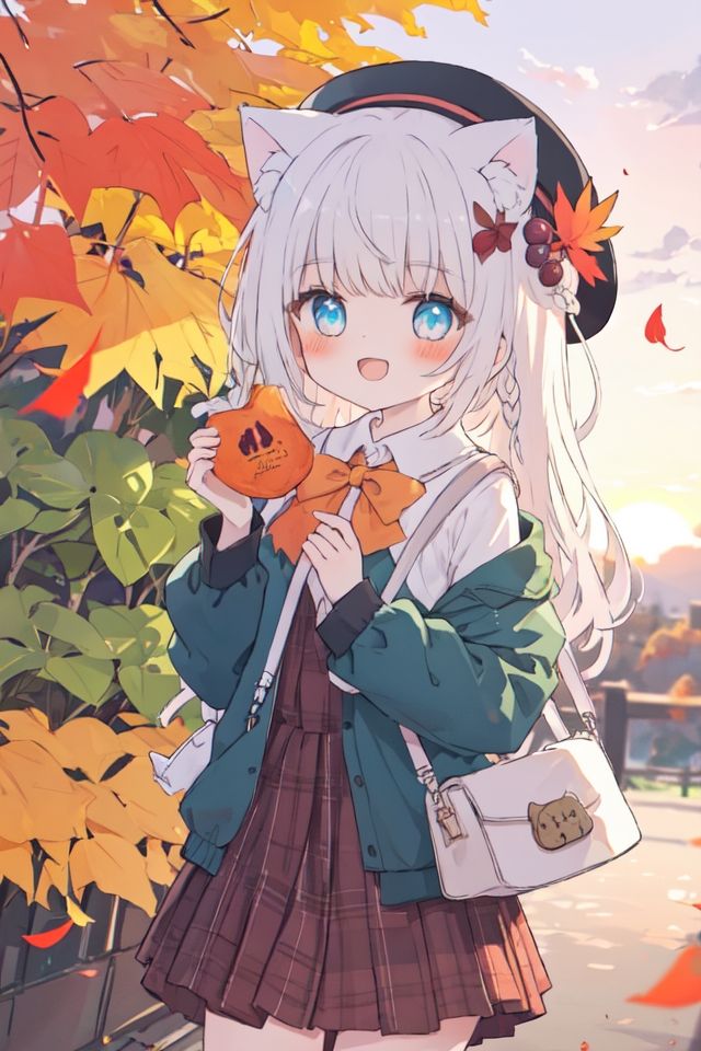 autumn, autumn_leaves, holding_leaf, leaf, maple_leaf, 1girl, falling_leaves, ginkgo_leaf, plaid, animal_ears, sunset, plaid_dress, braid, blurry, blurry_background, bag, animal_ear_fluff, solo, hat, depth_of_field, blurry_foreground, smile, long_hair, black_bow, cat_ears, shoulder_bag, plaid_skirt, holding, bow, long_sleeves, sweet_potato, beret, open_mouth, blush, tail, orange_sky, blue_eyes, wings, outdoors <lora:kawaii-000010:1>