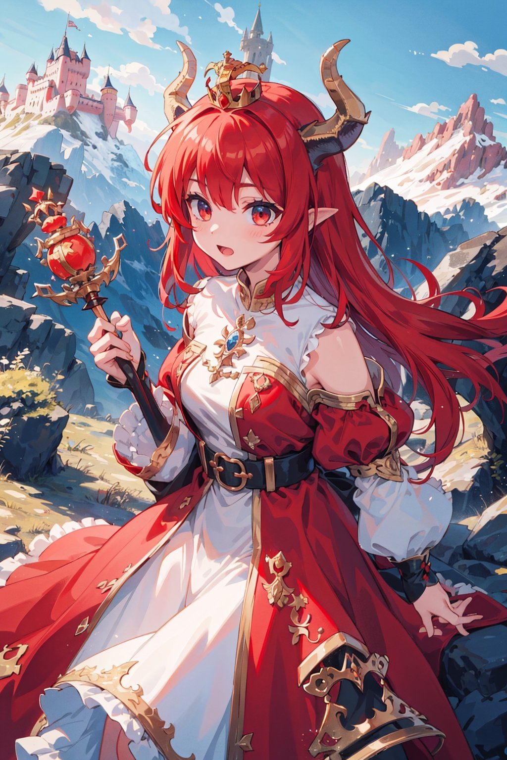 1girl, red_hair, dragon_ears, confident,castle, mountains, dragons,(dress/scales/golden), crown, scepter