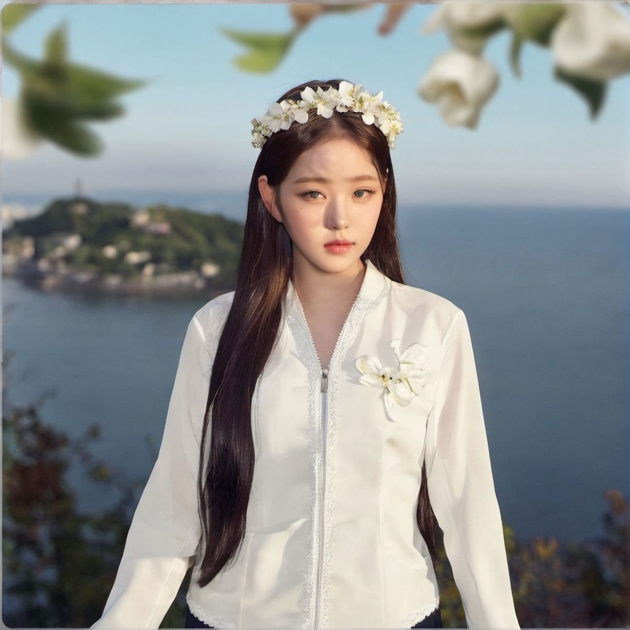 wonyoung, 1girl, solo, blurry background, black hair, outdoors, light on face, realistic, black eyes, upper body, lips, detailed eyes, detailed iris, detailed face, day, sky, realistic, blurry, blue sky, shirt, white shirt, beautiful hair, jacket, flower crown, closed mouth, looking at viewer, highres, masterpiece, <lora:wonyoung-000013:1>