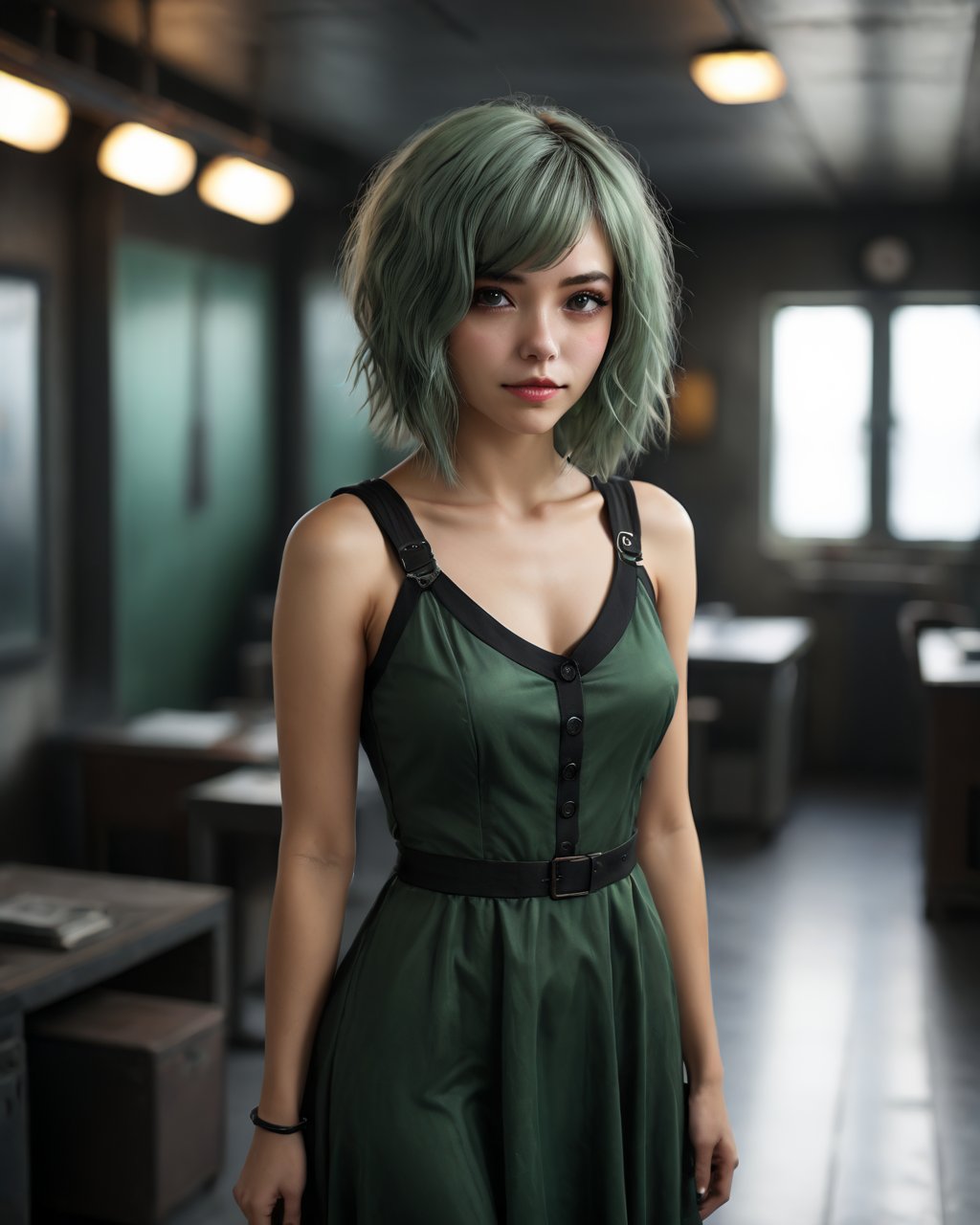 <lora:rebela:0.8>, rebela,green hair, The lady wearing a black dress is posing in a room, in the style of dark academia, gongbi, dark bronze and gray, back button focus, fawncore, candid atmosphere, industrial chic