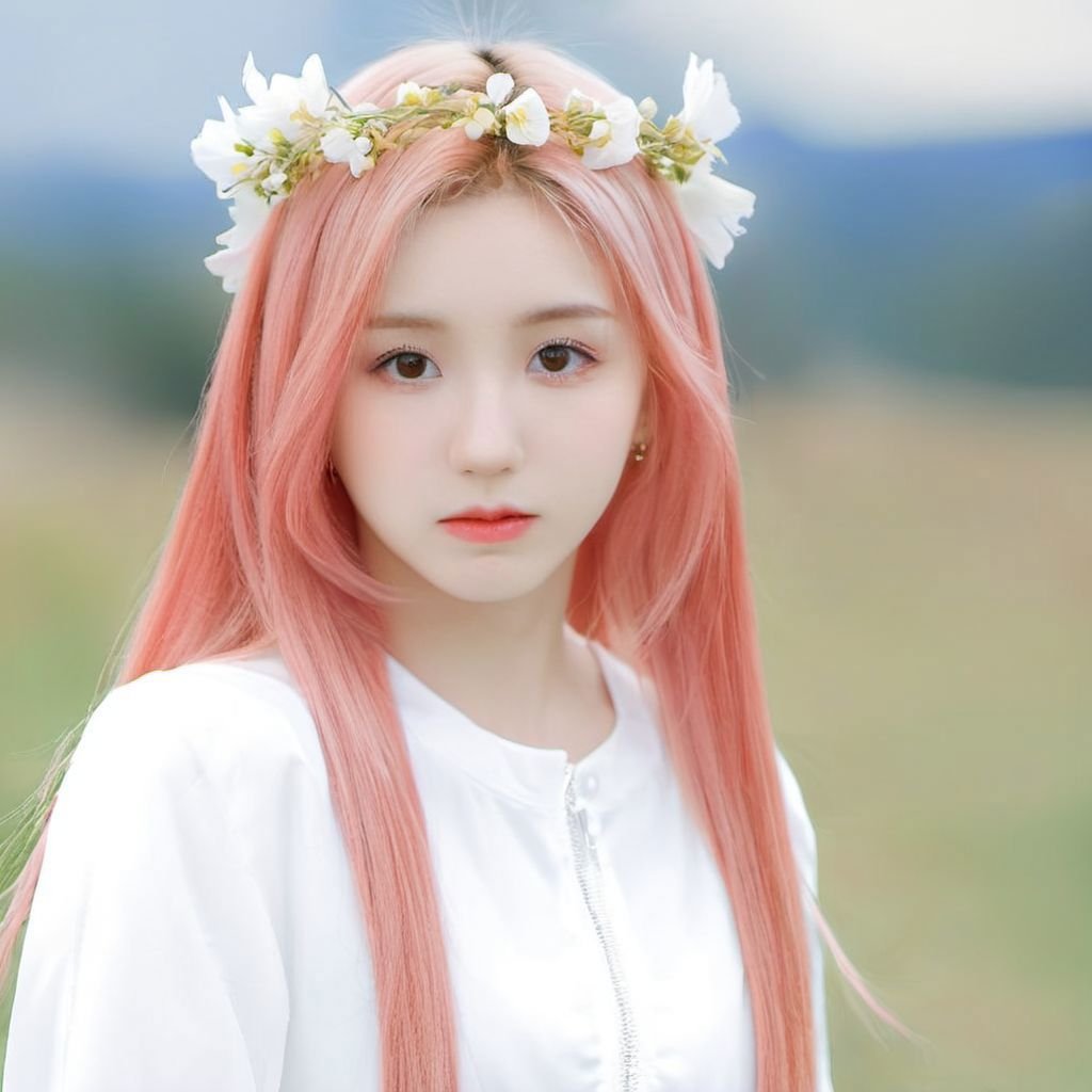 yeseo, 1girl, solo, blurry background, pink hair, outdoors, light on face, realistic, black eyes, upper body, lips, detailed eyes, detailed iris, detailed face, day, sky, realistic, blurry, blue sky, shirt, white shirt, beautiful hair, jacket, flower crown, closed mouth, looking at viewer, highres, light smlie, <lora:sayhello0o-XL-yeseo-000003:1>