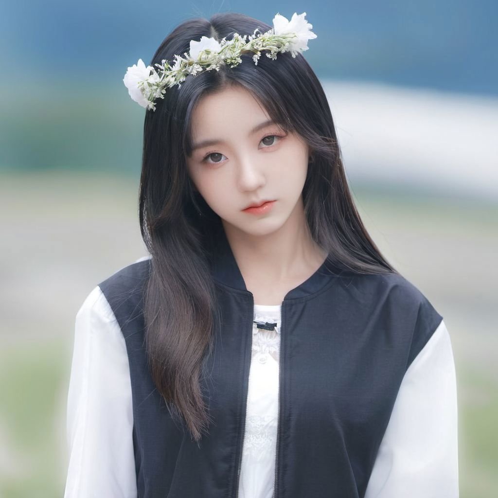 yeseo, 1girl, solo, blurry background, black hair, outdoors, light on face, realistic, black eyes, upper body, lips, detailed eyes, detailed iris, detailed face, day, sky, realistic, blurry, blue sky, shirt, white shirt, beautiful hair, jacket, flower crown, closed mouth, looking at viewer, highres, <lora:sayhello0o-XL-yeseo-000003:1>