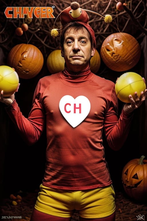 araffe man in a red shirt and yellow shorts juggling with balls, from avengers: endgame (2019), mexican warrior, mark e smith, cosplayer dressed like a crab, twitter pfp, chilaquiles, oompa loompa virus, bruh moment, official product photo, kaki body suit, el chavo, meme template, halloween,chapulincolorado, On his chest ((a close up of a heart with the word CH on it))