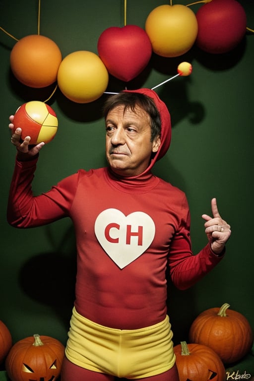 araffe man in a red shirt and yellow shorts juggling with balls, from avengers: endgame (2019), mexican warrior, mark e smith, cosplayer dressed like a crab, twitter pfp, chilaquiles, oompa loompa virus, bruh moment, official product photo, kaki body suit, el chavo, meme template, halloween,chapulincolorado, On his chest ((a close up of a heart with the word CH on it))