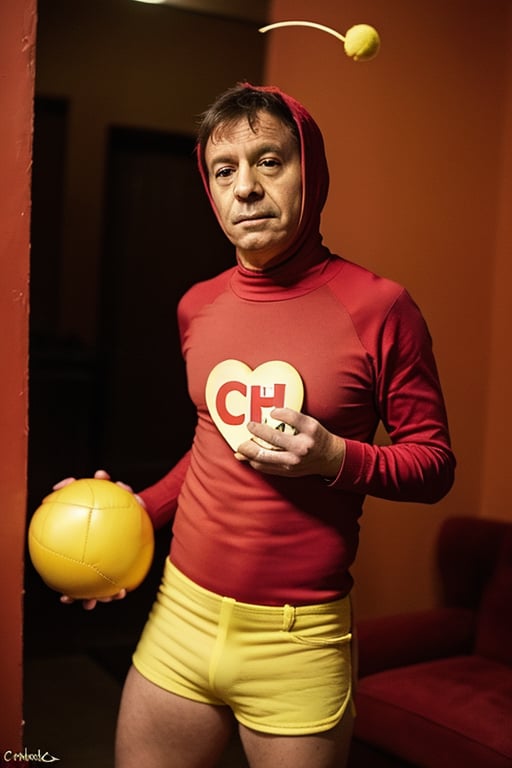 araffe man in a red shirt and yellow shorts juggling with balls, from avengers: endgame (2019), mexican warrior, mark e smith, cosplayer dressed like a crab, twitter pfp, chilaquiles, oompa loompa virus, bruh moment, official product photo, kaki body suit, el chavo, meme template, halloween,chapulincolorado, On his chest ((a close up of a heart with the word CH on it))