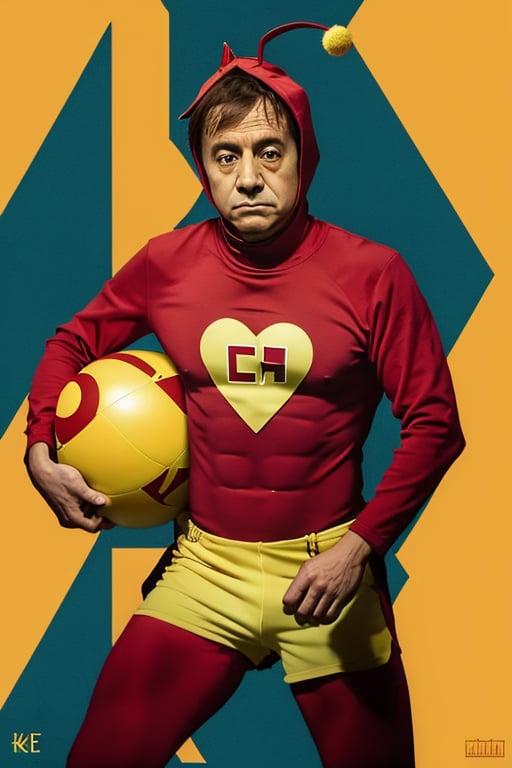 araffe man in a red shirt and yellow shorts juggling with balls, from avengers: endgame (2019), mexican warrior, mark e smith, cosplayer dressed like a crab, twitter pfp, chilaquiles, oompa loompa virus, bruh moment, official product photo, kaki body suit, el chavo, meme template, halloween,chapulincolorado