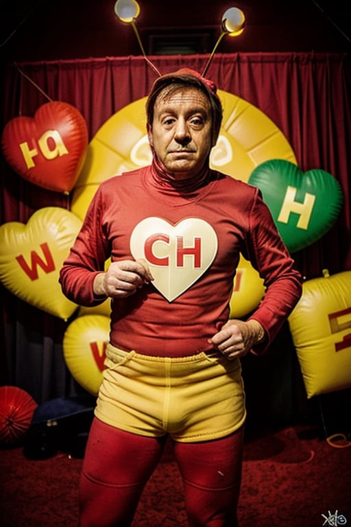 araffe man in a red shirt and yellow shorts juggling with balls, from avengers: endgame (2019), mexican warrior, mark e smith, cosplayer dressed like a crab, twitter pfp, chilaquiles, oompa loompa virus, bruh moment, official product photo, kaki body suit, el chavo, meme template, halloween,chapulincolorado, On his chest ((a close up of a heart with the word CH on it))