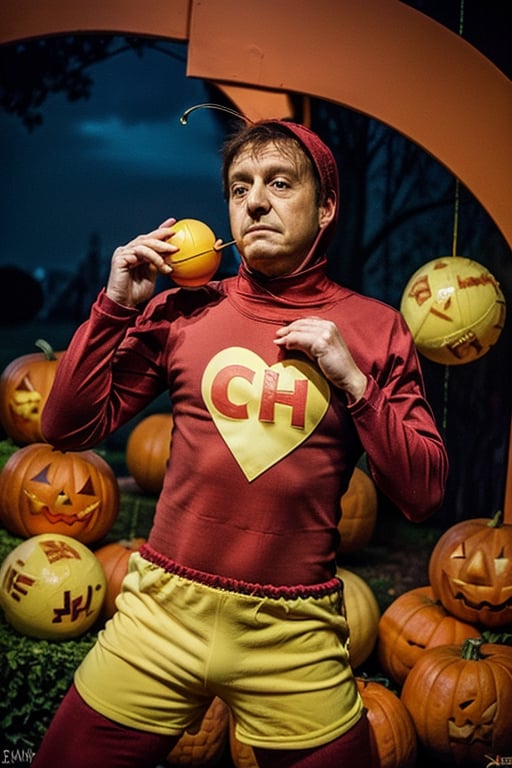 araffe man in a red shirt and yellow shorts juggling with balls, from avengers: endgame (2019), mexican warrior, mark e smith, cosplayer dressed like a crab, twitter pfp, chilaquiles, oompa loompa virus, bruh moment, official product photo, kaki body suit, el chavo, meme template, halloween,chapulincolorado, On his chest ((a close up of a heart with the word CH on it))