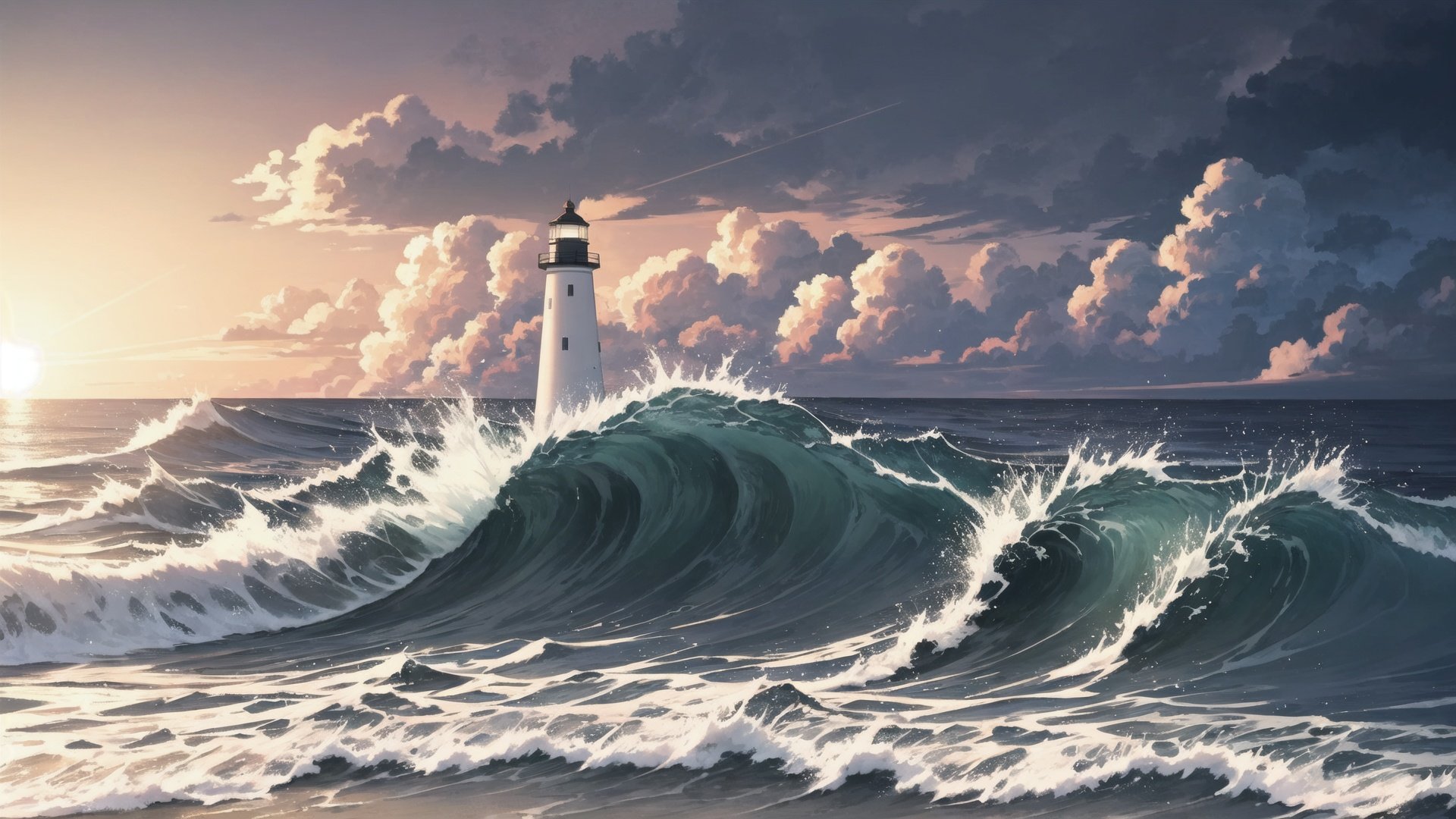 On a stormy night. A lighthouse stands on the vast expanse of sea,  and the waves lap at the rocks on the shore. by 超市里扫货...