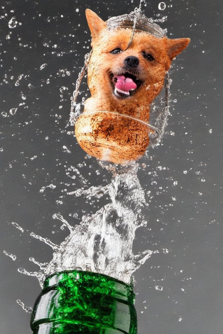 a dog merged with a cork,  on a bottle,  cork explosion,<lora:EMS-83178-EMS:1.000000>