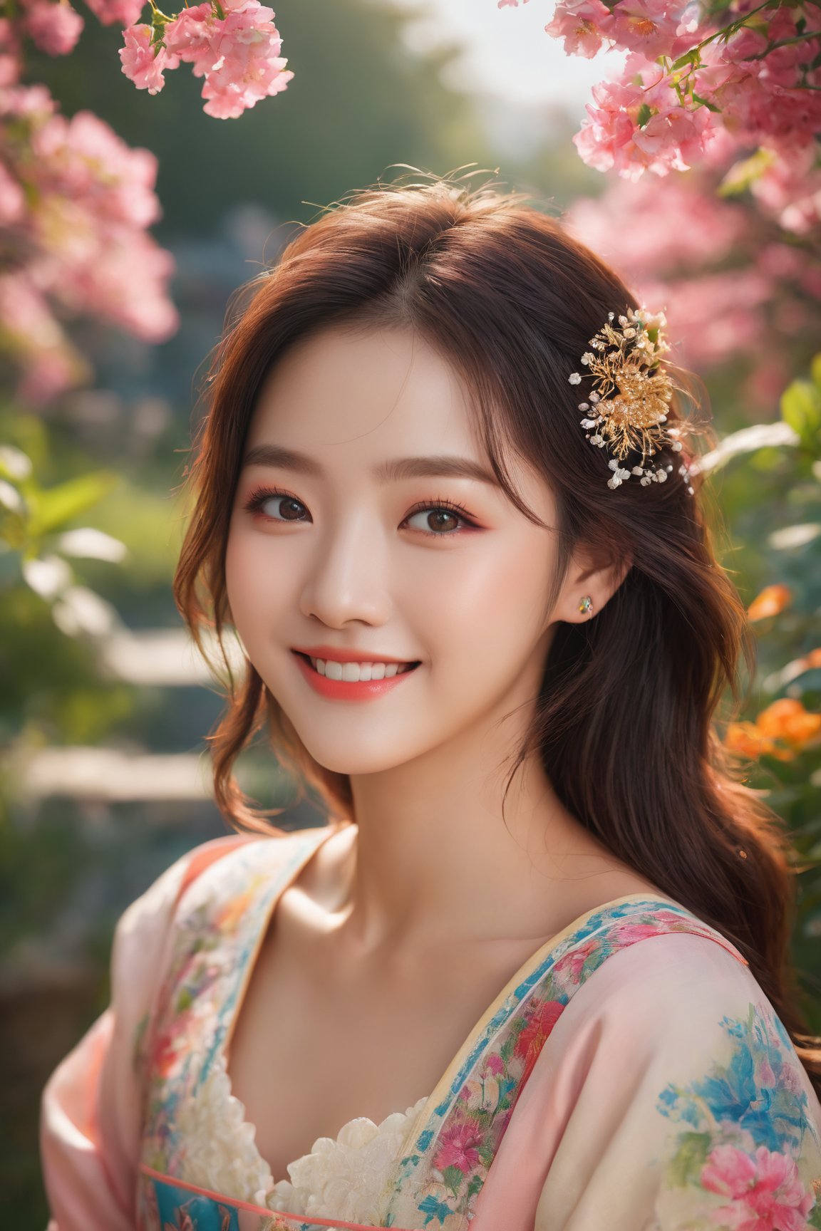 (best quality, masterpieces:1.2, ultra high resolution, 8k, realistic:1.4), 1girl, korean, cute smile, off-the-shoulders, cinematic lighting, beautiful detailed eyes, beautiful detailed lips, longeyelashes, soft skin, flowing hair, colorful garden backdrop, vibrant colors, sunshine ambiance