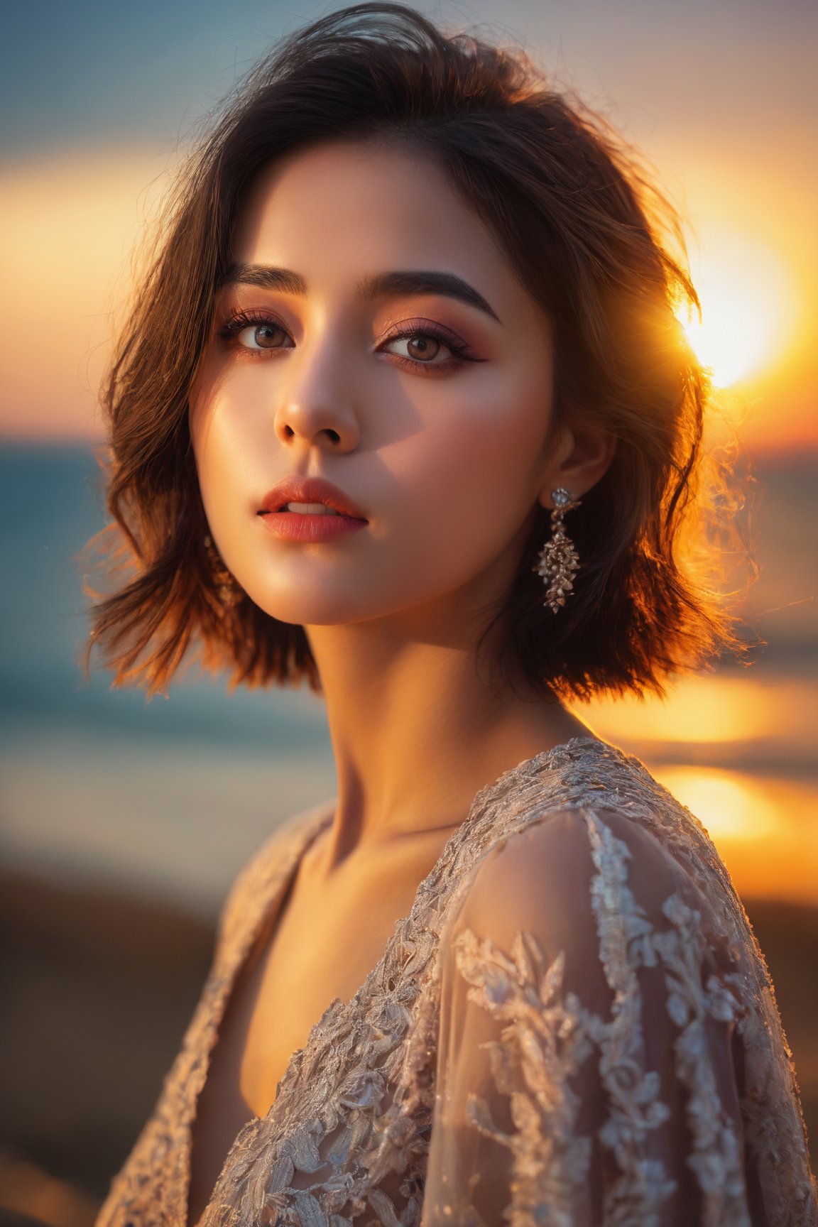 1girl,sunset,detailed,surreal,dramatic lighting,shadow,analog,beautiful detailed eyes,beautiful detailed lips,extremely detailed eyes and face,long eyelashes,masterpiece:1.2,ultra-detailed,realistic:1.37,HDR,UHD,studio lighting,vivid colors,bokeh,portraits,colorful tones,fading light