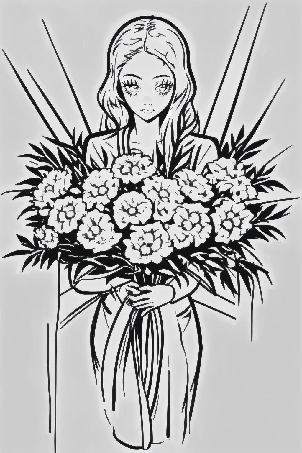 BlackworkStyleManityro, <lora:BlackworkStyle_V1-Manityro-AdamW:1.0>, monochrome, greyscale, lineart, 1girl, holding bouquet, 