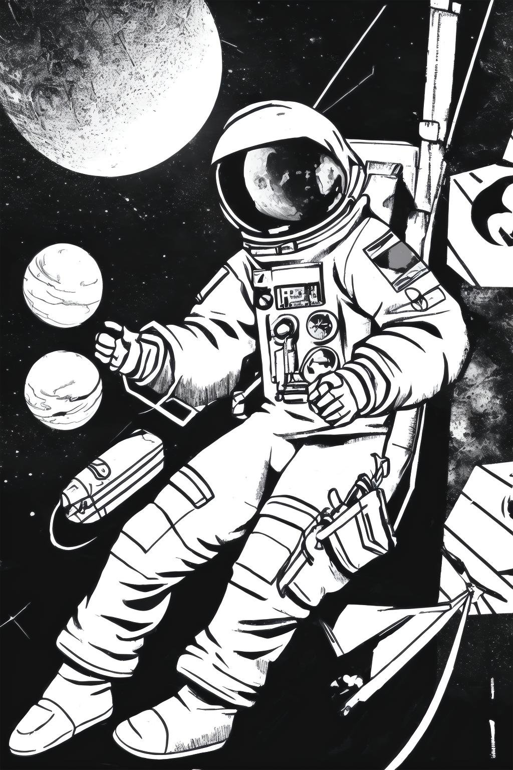 BlackworkStyleManityro, <lora:BlackworkStyle_V1-Manityro-AdamW:1.0>, monochrome, greyscale, lineart, astronaut in space, star \(sky\), spacecraft