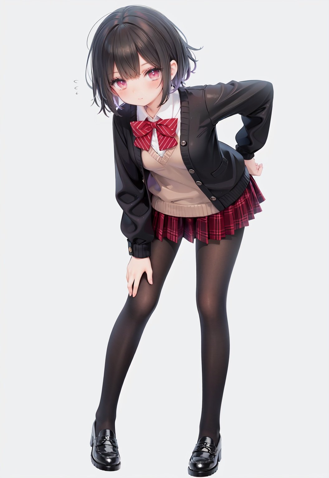  1girl, solo, pantyhose, skirt, long hair, loafers, shoes, simple background, school uniform, brown eyes, plaid, black pantyhose, plaid skirt, looking at viewer, black hair, pantyhose pull, full body, clothes pull, black footwear, pleated skirt, leaning forward, bangs, long sleeves, bent over, cardigan, bow, bowtie, standing, closed mouth, pulled by self, grey background, blush, miniskirt, red bow, sweater, undressing