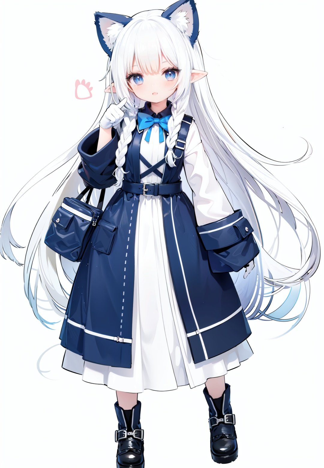  1girl, white_gloves, braid, full_body, gloves, long_hair, official_alternate_costume, pointy_ears, simple_background, solo, standing, very_long_hair, white_background, white hair, blue eyes, paw claw pose, open_mouth