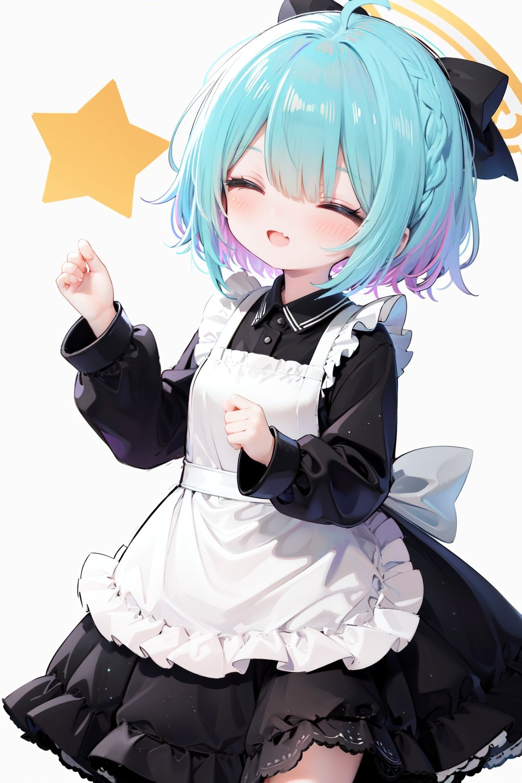  1girl, solo, apron, halo, hair over one eye, closed eyes, smile, white background, dress, white apron, simple background, long sleeves, multicolored hair, braid, open mouth, blue hair, alternate costume, blush, bangs, :d, pink hair, black dress, ribbon, frilled dress, enmaided, short hair, hand up, colored inner hair