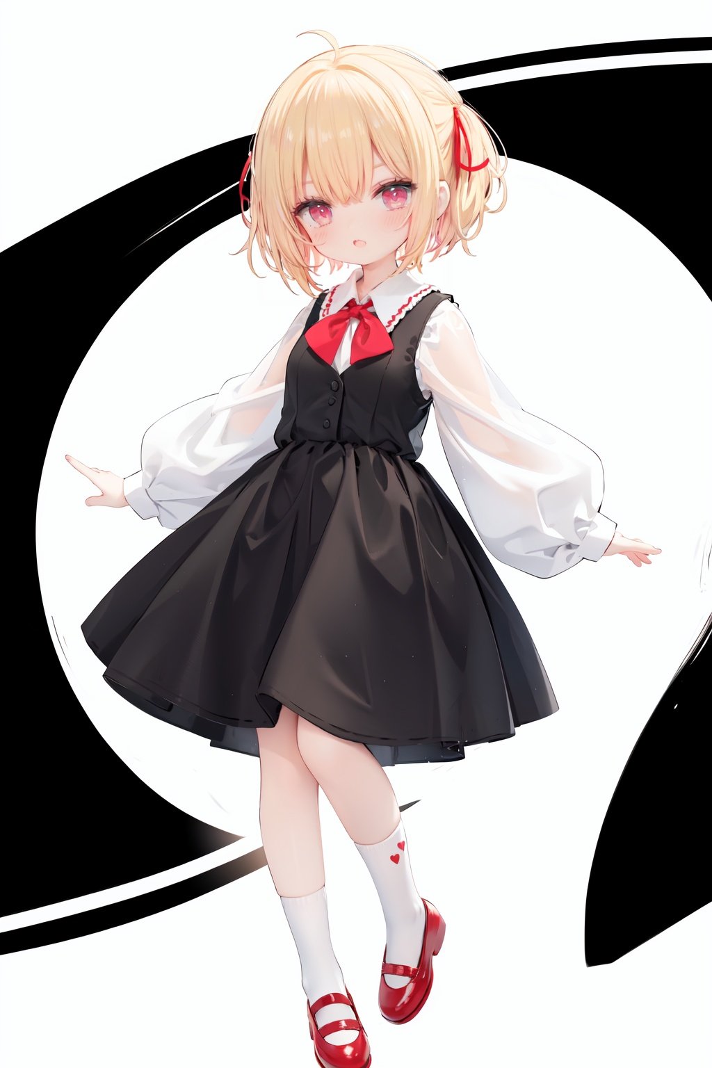  1girl, rumia, blonde hair, solo, white background, red eyes, red footwear, simple background, ascot, short hair, ribbon, open mouth, hair ribbon, smile, long sleeves, shirt, looking at viewer, red ascot, white socks, white shirt, red ribbon, shoes, socks, frills, bangs, outstretched arms, hair between eyes, skirt, :d, dress, vest, mary janes, black dress, black skirt, collared shirt, black vest, blush