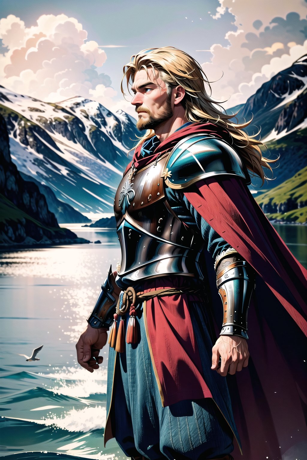 8k wallpaper, awesome, (((masterpiece))), (((best quality))), ((ultra detailed)), (illustration),

The Viking warrior stands in the picturesque setting of a Viking settlement on the fjord, enveloped in the warm light of the setting sun. His lightweight armor shimmers with a soft glow as the fjord lies calmly before him.

The last rays of sun cast a golden glow on the surrounding huts and boats stretching along the fjord. The air is filled with salty sea breezes and the distant sound of seagulls.

,wodan,viking,fur cape