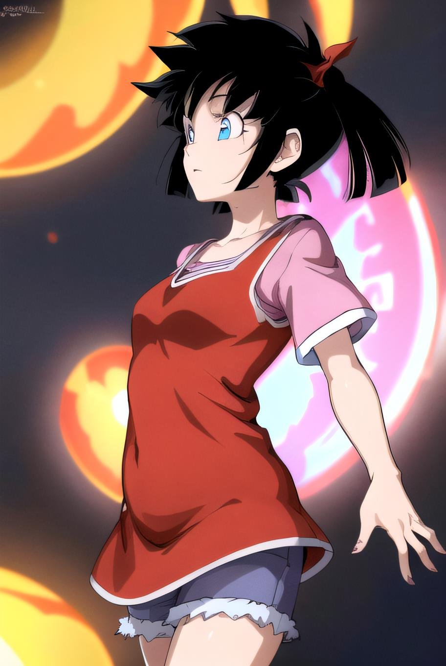 best quality, (masterpiece),(ultra-detailed), (high quality), (high resolution),  <lora:pandel:0.7>,short hair, pandel, black hair, blue eyes, twintails, red dress, pink shirt, shorts,