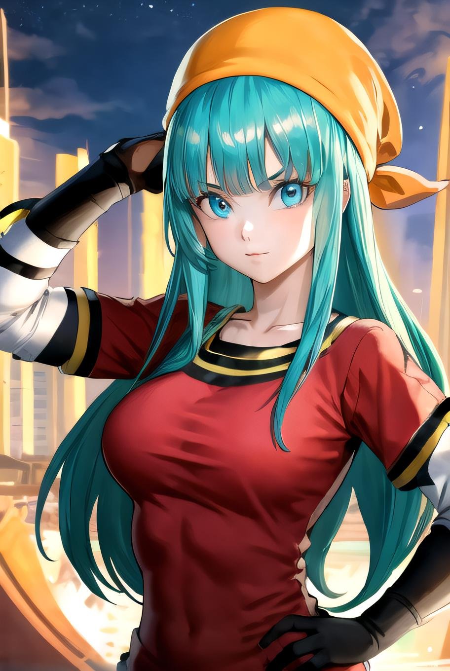 best quality, (masterpiece),(ultra-detailed), (high quality), (high resolution), <lora:brapan:0.7>, 1girl, aqua hair, blue eyes,  brapan,  gloves,  long hair, red shirt, solo,bandana, upper body, 