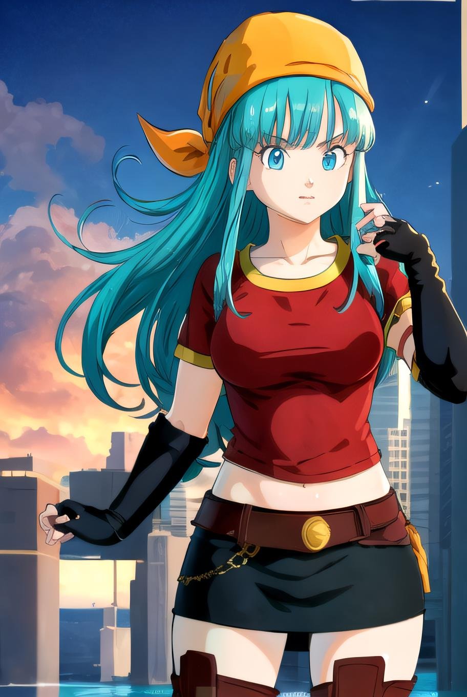 best quality, (masterpiece),(ultra-detailed), (high quality), (high resolution), <lora:brapan:0.7>, 1girl, aqua hair, blue eyes,  brapan,  gloves,  long hair, red shirt, solo,bandana, upper body, short sleeves, navel, skirt, thigh boots, 