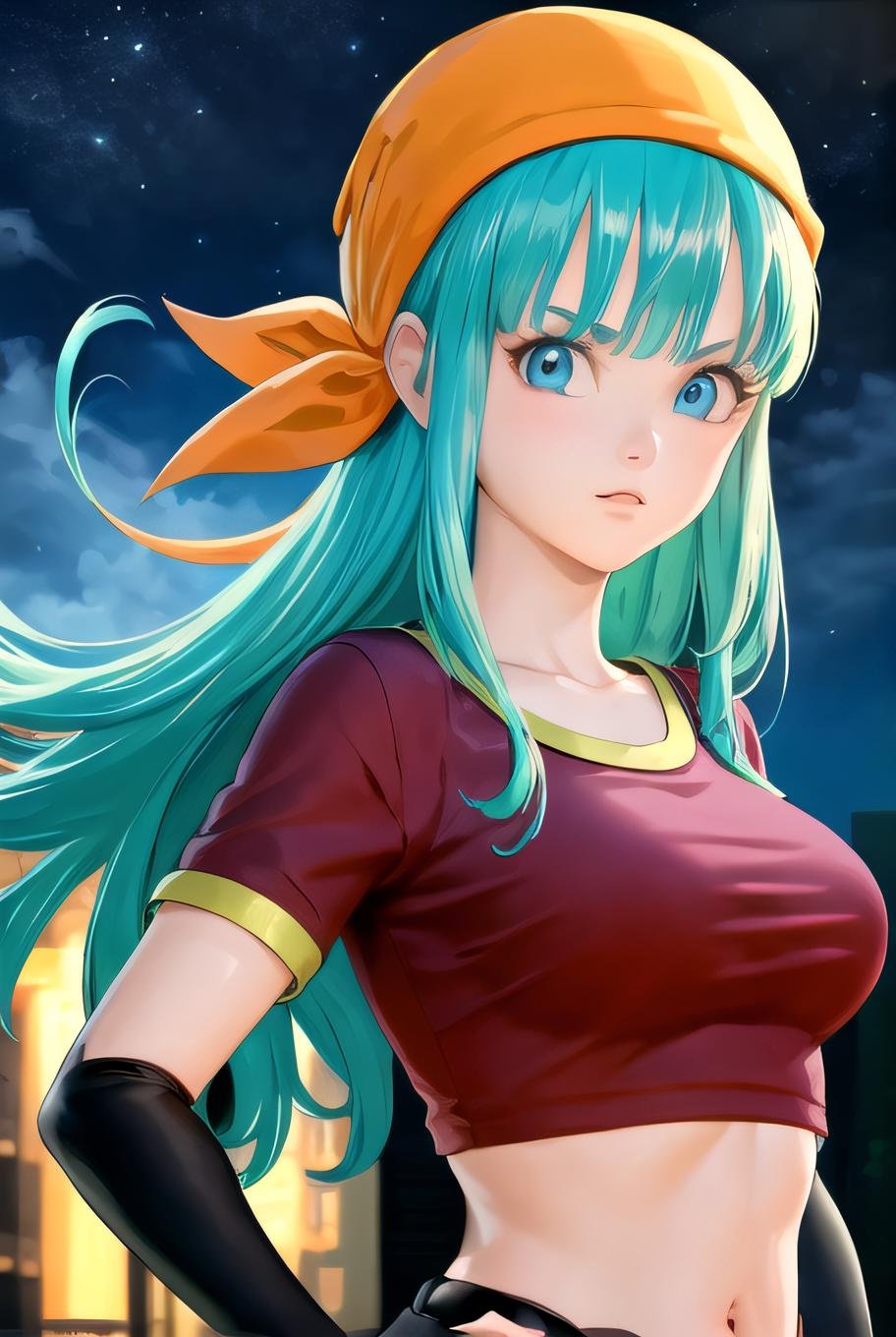 best quality, (masterpiece),(ultra-detailed), (high quality), (high resolution), <lora:brapan:0.7>, 1girl, aqua hair, blue eyes,  brapan,  gloves,  long hair, red shirt, solo,bandana, upper body, 