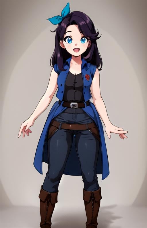 best quality, (masterpiece),(ultra-detailed), (high quality), (high resolution),  <lora:abigail:0.7>,1girl, :d, bangs, blue eyes,  dress, vest, boots, ,belt,pants,