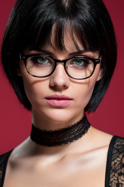 glasses, Sharp Focus, wo_melclarke03, her expression is happy with a slight smile, (green eyes:0.5), black hair, (close-up:0.8), low key lighting, shot on Lumix GH5, cinematic bokeh, lace choker, (simple background:1.2), teasing