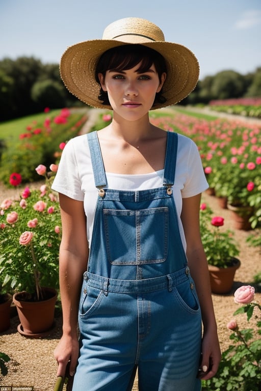 wo_melclarke03 gardener tended to her blooming roses, wearing faded denim overalls and a straw hat to shield her from the sun