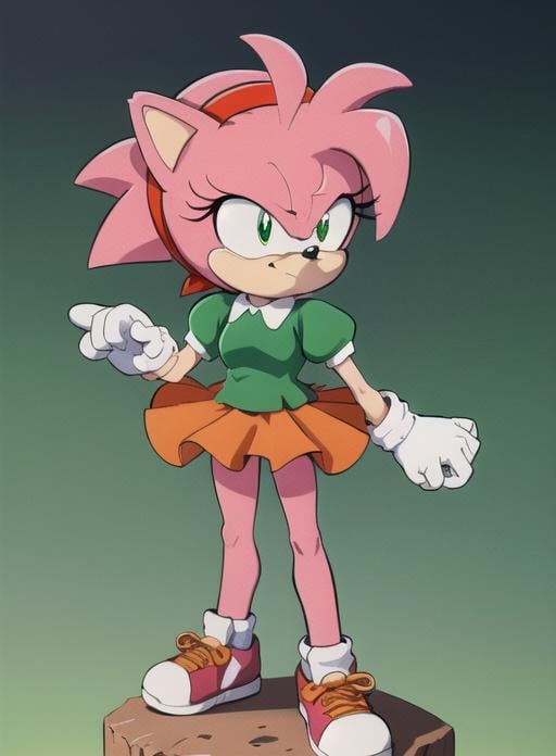 best quality, (masterpiece),(ultra-detailed), (high quality), (high resolution), <lora:AmyRoseC-10:0.7>,Classic Amy, sonic \(series\), 1girl, solo,  short hair, bangs, skirt,  shirt, gloves, animal ears, closed mouth, green eyes, standing, full body, pink hair, short sleeves, hairband, shoes, socks, puffy sleeves, collared shirt, white gloves, flat chest, puffy short sleeves, furry, green shirt, furry female, red hairband, body fur, orange skirt, animal nose, two-tone fur, pink fur