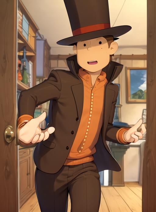 best quality, (masterpiece),(ultra-detailed), (high quality), (high resolution),  <lora:layton-10:0.85>,1boy, brown hair, door, freckles, hat, letter, male focus, professor layton, shirt, top hat,