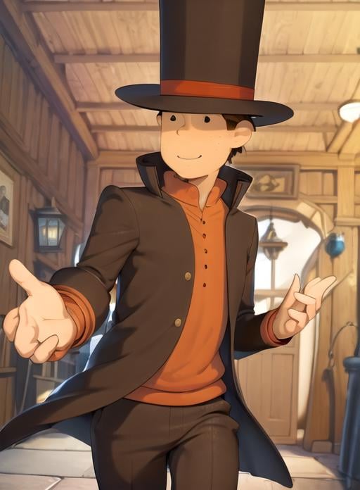 best quality, (masterpiece),(ultra-detailed), (high quality), (high resolution),  <lora:layton-10:0.85>,1boy, brown hair, door, freckles, hat, letter, male focus, professor layton, shirt, top hat,