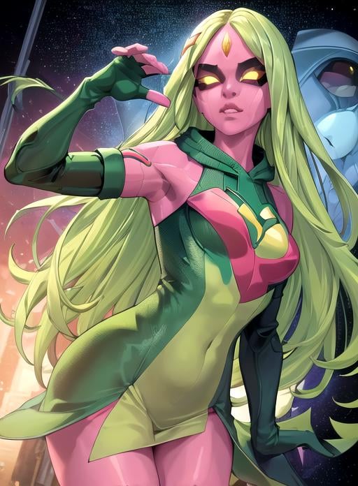 best quality, (masterpiece),(ultra-detailed), (high quality), (high resolution), <lora:viv-10:0.7>,1girl, bare shoulders, colored sclera, colored skin, forehead jewel, gloves, green hair, green skin, hood, long hair, looking at viewer, no pupils, pink skin, solo, viv vision,robot girl, 