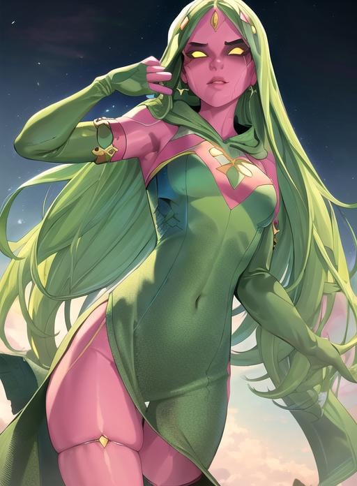 best quality, (masterpiece),(ultra-detailed), (high quality), (high resolution), <lora:viv-10:0.7>,1girl, bare shoulders, colored sclera, colored skin, forehead jewel, gloves, green hair, green skin, hood, long hair, looking at viewer, no pupils, pink skin, solo, viv vision