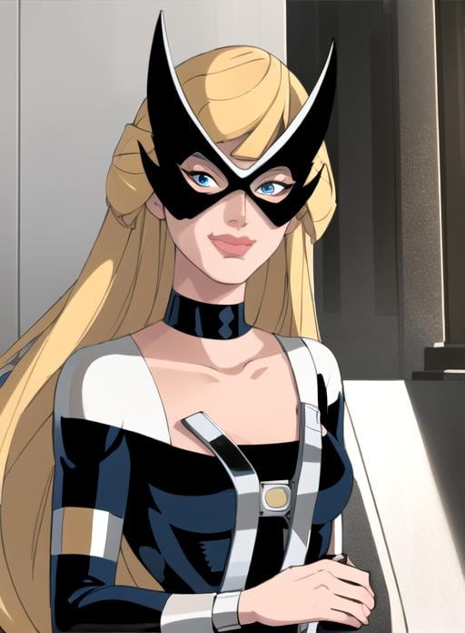 best quality, (masterpiece),(ultra-detailed), (high quality), (high resolution),  <lora:mockingbird:0.7>,blonde hair, blue eyes, bodysuit, breasts out, choker, collarbone, domino mask, lips, lipstick, long hair, mask, mockingbird, smile, solo, white background,domino mask, 