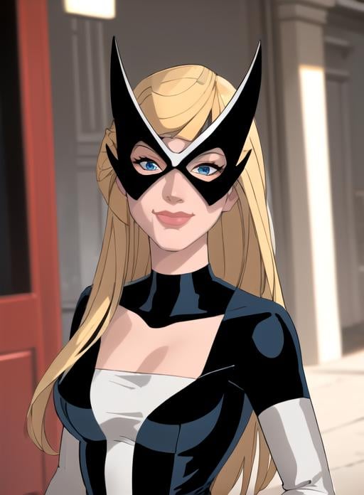 best quality, (masterpiece),(ultra-detailed), (high quality), (high resolution),  <lora:mockingbird:0.7>,blonde hair, blue eyes, bodysuit, breasts out, choker, collarbone, domino mask, lips, lipstick, long hair, mask, mockingbird, smile, solo, white background,domino mask, 