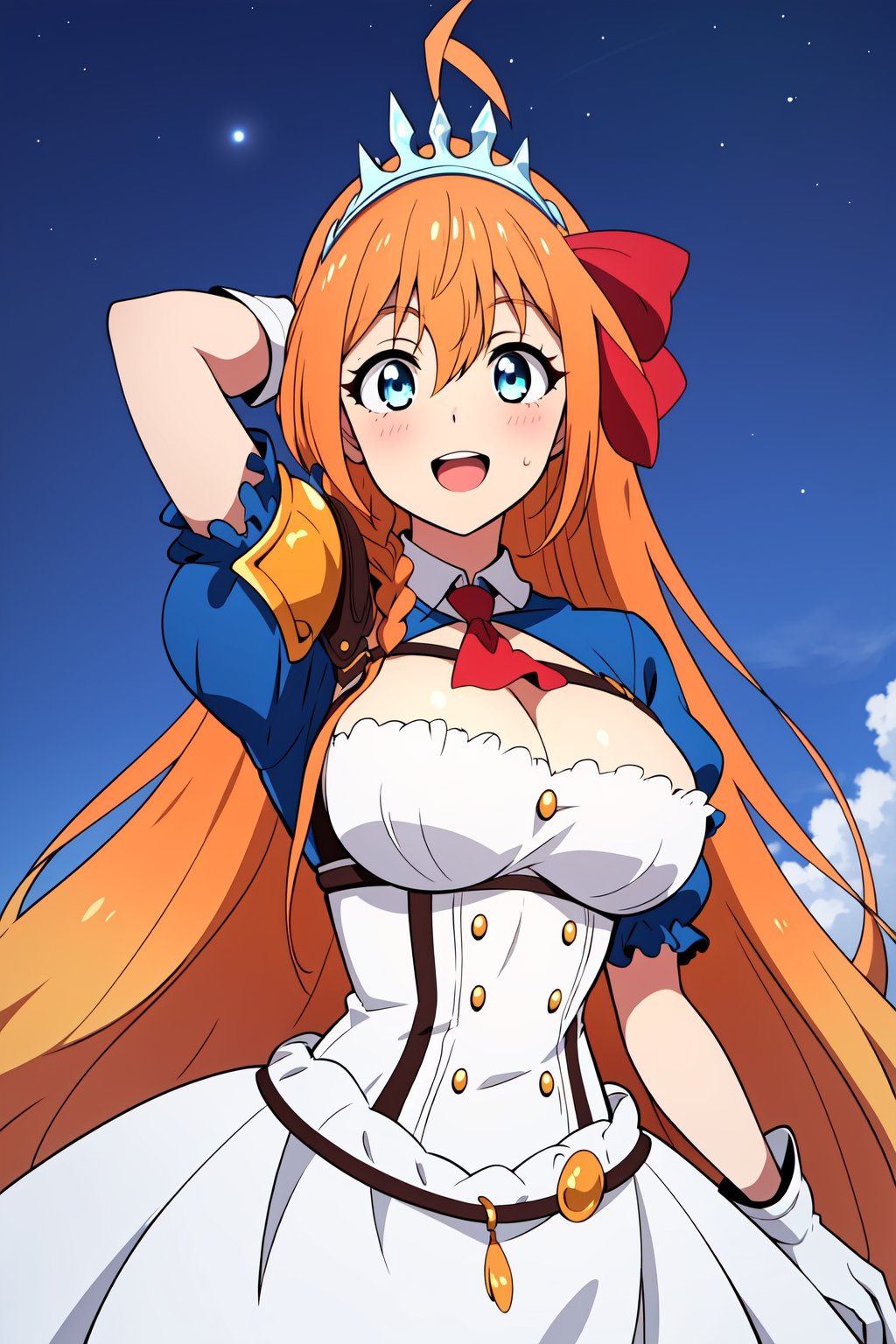 peco, orange hair, long hair, ahoge, 1girl, tiara, blue eyes,cleavage, large breasts,ribbon,very long hair, hair ribbon,red ribbon,hair between eyes, braid, 

short sleeves, puffy sleeves, puffy short sleeves,  ascot,  red ascot, gloves, white gloves,  armor, dress,  shoulder armor,

blush, smile, open mouth,^_^,

large breasts,  beautiful breasts,  looking at viewer, arm up,

 looking at viewer,  outdoors,  night sky,  sky full of stars,  

highest quality,  masterpiece,  best quality,  highly detailed,  perfect scenery,  perfect lighting, perfect scenery,  uncensored,  high resolution,  unity 8k wallpaper,  (illustration:0.8),  beautiful detailed eyes,  negative_hand,  negative_hand-neg,  uncensored, 