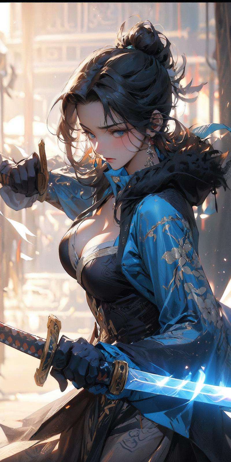 , masterpiece, best quality,swordman,holding a sword(trees:0.5),(eagle:0.5), (bamboo:0.2) fighting stance, Hangzhou, glowing,solo, weapon, sword, tree, 1girl, holding, gloves, outdoors, sheath, border, holding weapon, black hair, holding sword, fur trim, looking away,medium breast,show cleavage,look at view