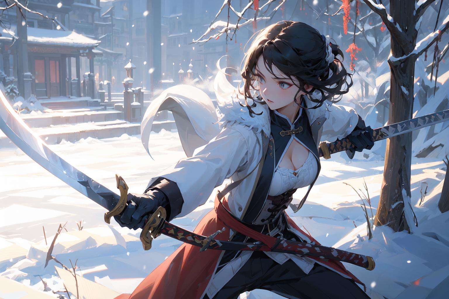 , masterpiece, best quality,swordman,holding a sword(trees:0.5),(eagle:0.5), (bamboo:0.2) fighting stance, Hangzhou, glowing,winter,snowing,solo, weapon, sword, tree, 1girl, holding, gloves, outdoors, sheath, border, holding weapon, black hair, holding sword, fur trim, looking away,medium breast,show cleavage,look at view,