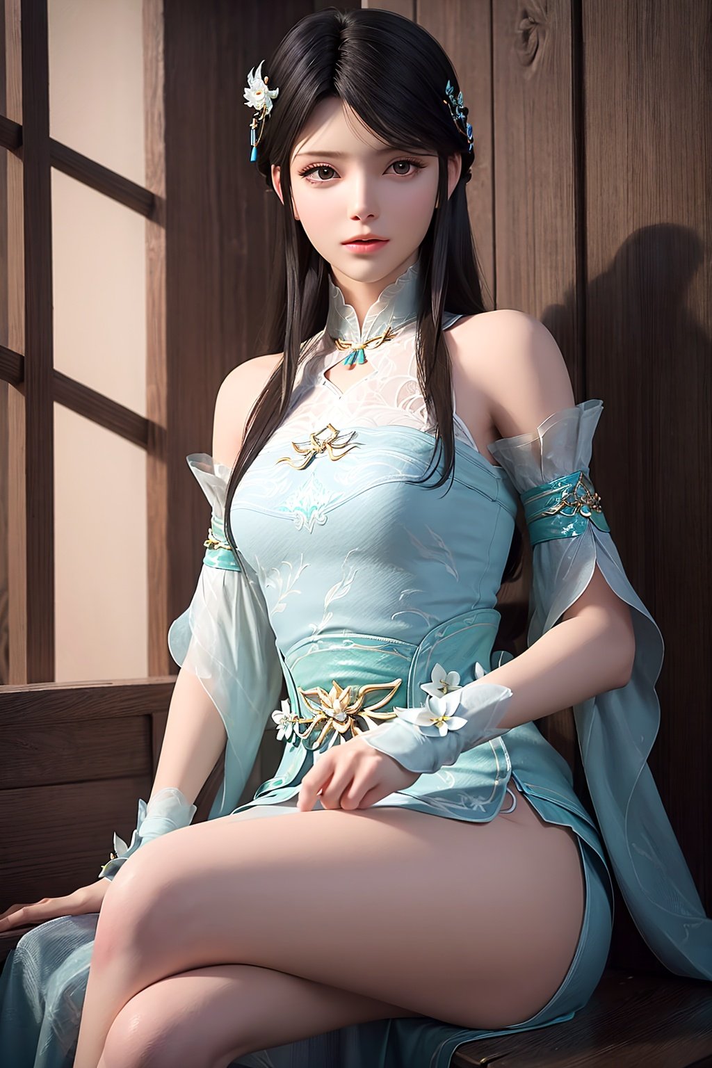 crystalstexture skin,8k,RAW photo,best quality,masterpiece,realistic,photorealistic,ultra-detailed,extremely detailed cg 8k wallpaper,looking at viewer,<lora:coo_斗破苍穹_萧熏儿:0.7>,1girl,solo,long hair,dress,bare shoulders,detached sleeves,black hair,chinese clothes,sash,hair ornament,bare legs,sitting,