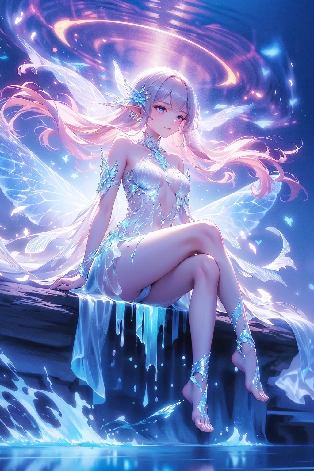  Best quality,8k,cg,
a woman sitting on a rock in the water with a green fairy dress, astral fairy, water fairy, glowing angelic being, beautiful fairy, glowing aura around her, ethereal wings, beautiful fantasy art, very beautiful fantasy art, beautiful fairies, neon wings, ethereal aurora spirits, very beautiful digital art, beautiful digital art, elven angel meditating in space