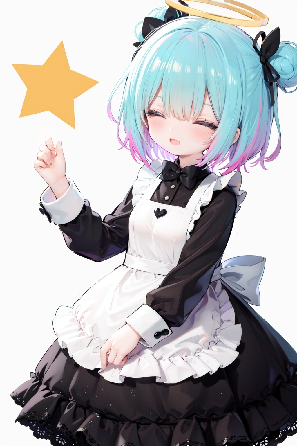  1girl, solo, apron, halo, hair over one eye, closed eyes, smile, white background, dress, white apron, simple background, long sleeves, multicolored hair, braid, open mouth, blue hair, alternate costume, blush, bangs, :d, pink hair, black dress, ribbon, frilled dress, enmaided, short hair, hand up, colored inner hair