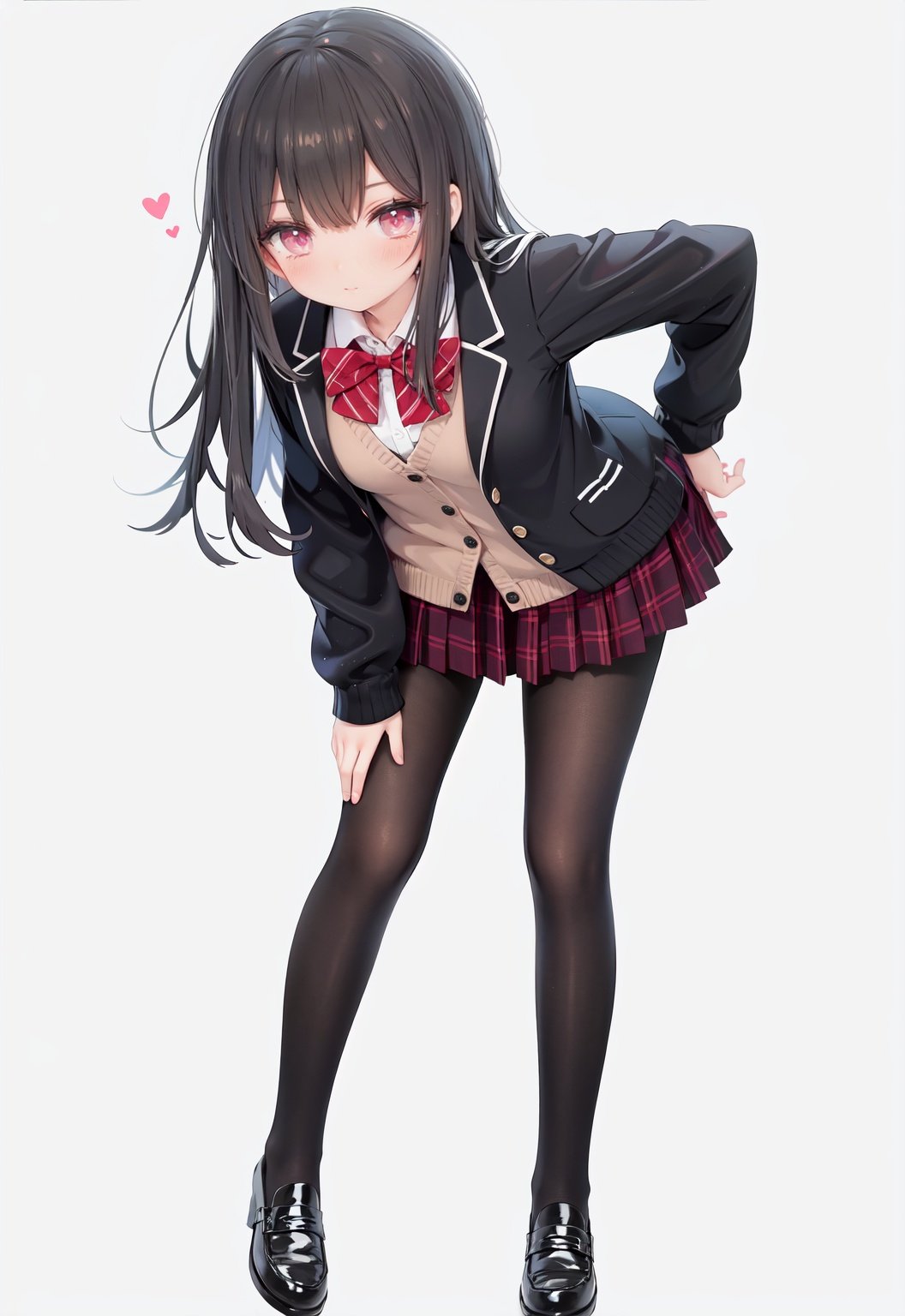  1girl, solo, pantyhose, skirt, long hair, loafers, shoes, simple background, school uniform, brown eyes, plaid, black pantyhose, plaid skirt, looking at viewer, black hair, pantyhose pull, full body, clothes pull, black footwear, pleated skirt, leaning forward, bangs, long sleeves, bent over, cardigan, bow, bowtie, standing, closed mouth, pulled by self, grey background, blush, miniskirt, red bow, sweater, undressing