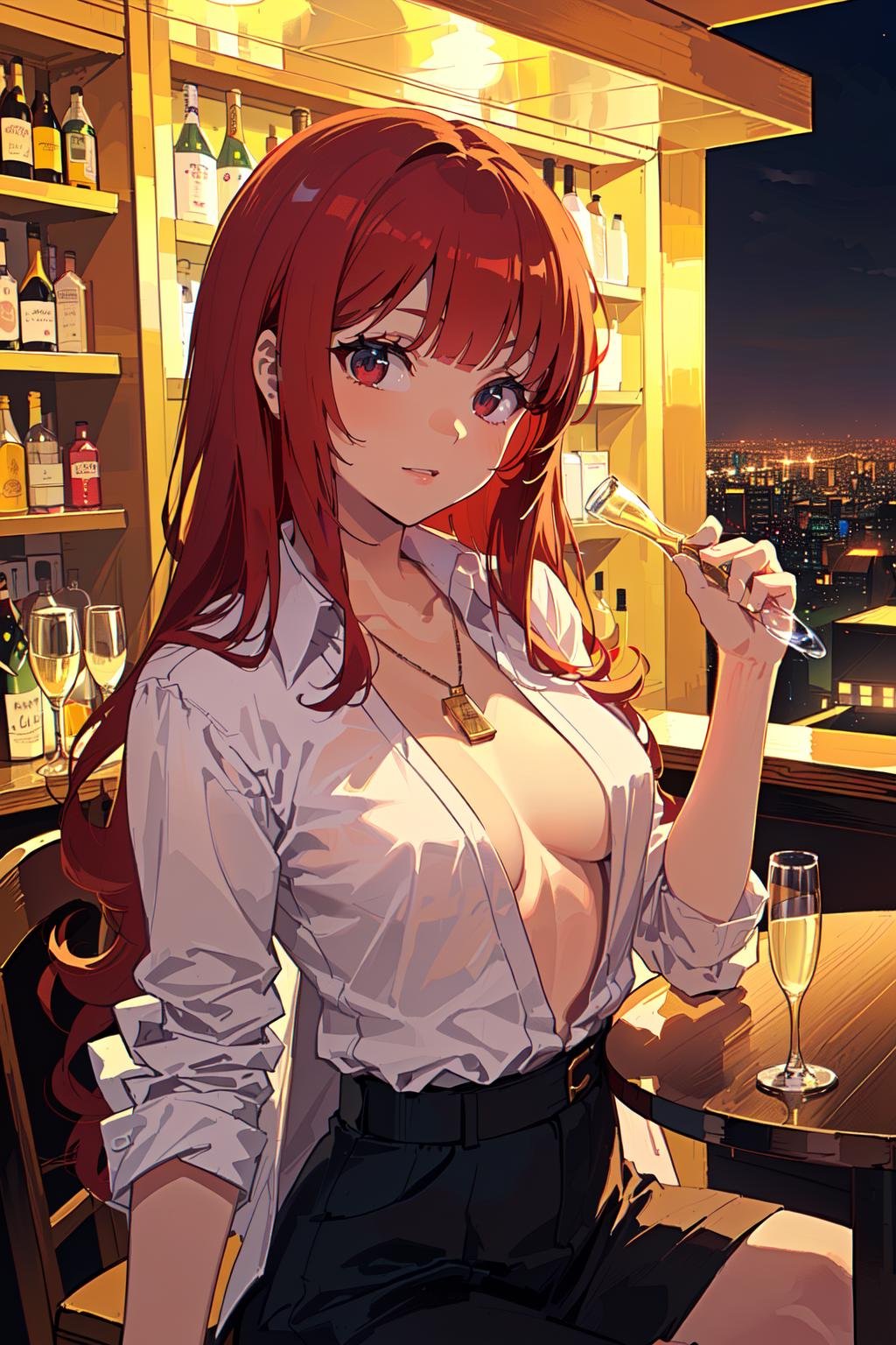 (best quality, masterpiece:1.1), <lora:Better light:0.5>,  upper body,     (1female), easygoing face, red hair, long hair, blunt bangs,        open shirt, ((Rooftop Bar In Night City, Bar Shelves Liquor), (Champagne Bar Table And Chairs:1.2), Dreamlike Pendant Lamp, Holding Red Wine Glass, (Idol), (singer)),  