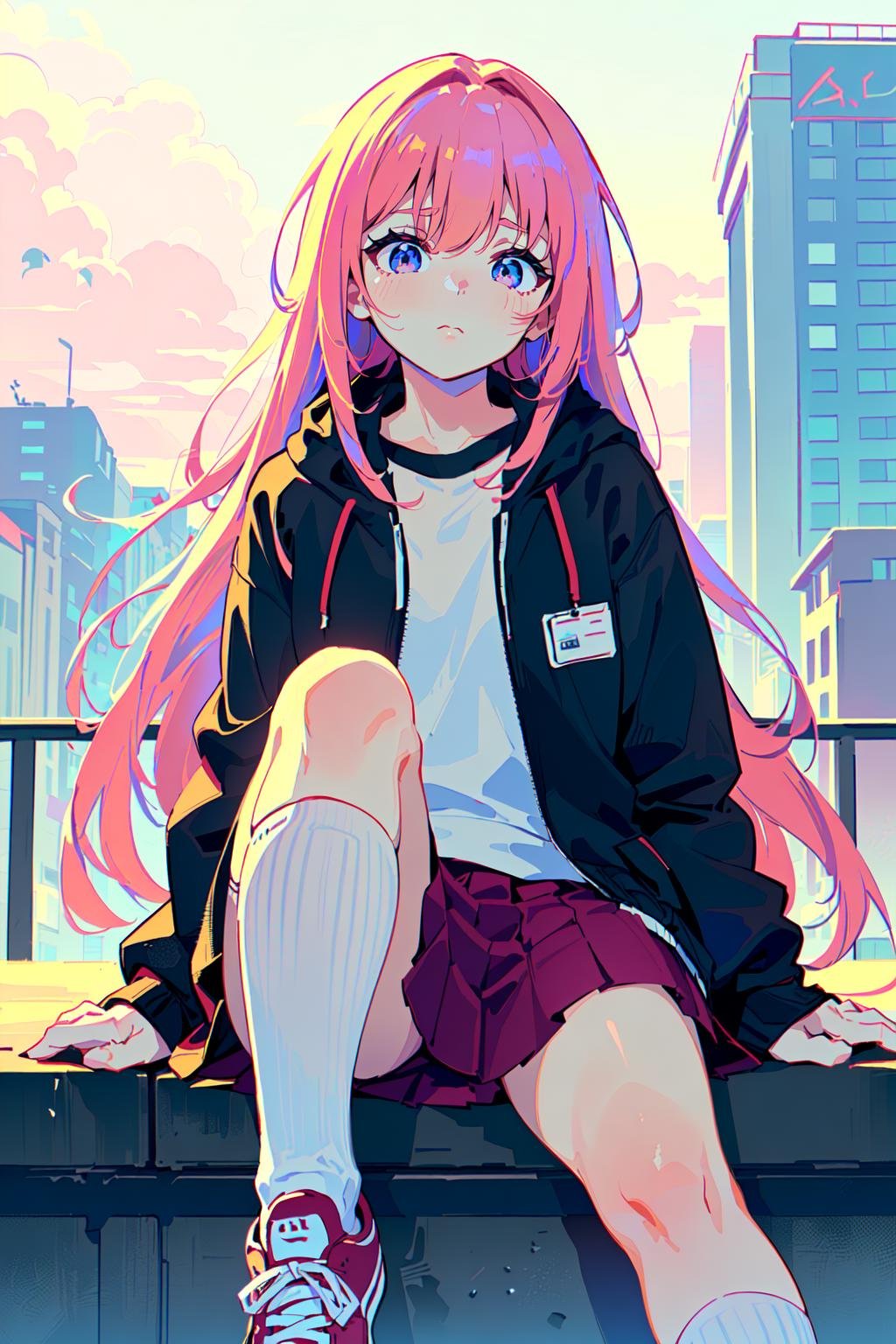 (best quality, masterpiece:1.1),   upper body,    looking down, (1female), earnest face, pink hair, absurdly long hair, flipped hair,        oversized jacket, skirt, kneehighs, sneakers,  