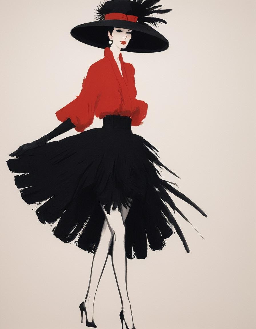 japanese line painting  , a woman in a puffy black skirt, feathers and ruffles, wearing a large rimmed hat, black gloves , heels, red and black background , brush strokes, polka dots , in the style of rene gruau , vogue, illustration , style,   <lora:RG2:1.1>