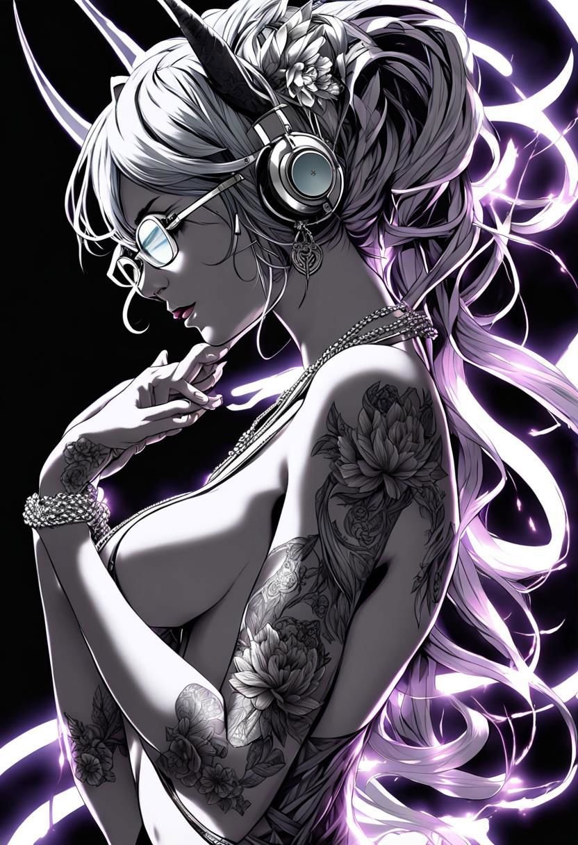 Asymetrical, Black background, Magnificent intricate pencil drawn, intricate Silver lingerie, Dynamic light, intricate anime Style, posing, intricate demonic, posing, Wind in hair, few colors, anime illustration,  futuristic, pencil drawn, sexy, Silver lingerie, Hot Japanese woman, with horns, with glasses, headphones, tattooed, wrist Chains, shackled, fantasy, fairy lights, flowers, magical,  beautiful, mythical, enchanted, perfect composition,  anime Female character