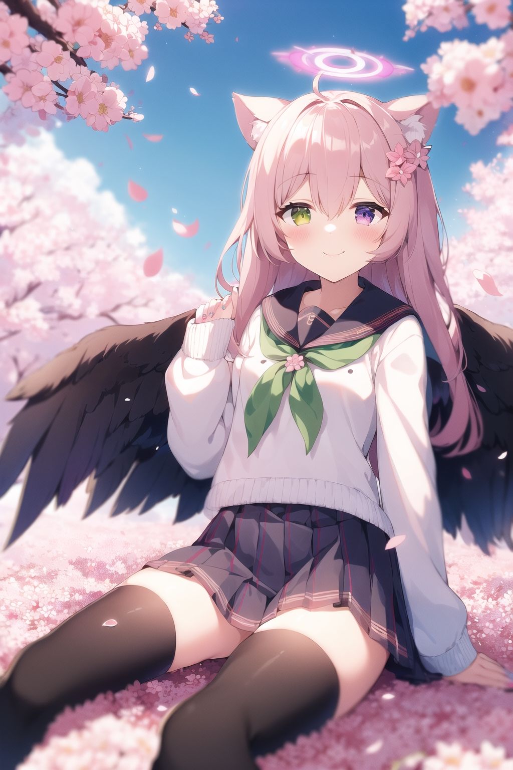 masterpiece, (best quality), 1girl,, masterpiece, best quality, 1girl, skirt, solo, heterochromia, smile, thighhighs, animal ears, wings, blue eyes, halo, pink flower, flower, green eyes, shirt, sailor collar, black thighhighs, arm up, ahoge, pleated skirt, pink skirt, pink hair, long sleeves, hair between eyes, sitting, bangs, closed mouth, neckerchief, blush, white shirt, school uniform, cherry blossoms, white wings, hair flower, feathered wings, hair ornament, serafuku, open clothes, looking at viewer, white sailor collar, petals, cardigan, outdoors, depth of field, blurry, puffy sleeves, black nails, virtual youtuber, sleeves past wrists, tail, nail polish, animal ear fluff, detached wings, puffy long sleeves